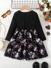 1pc Girls Casual Striped Knitted Straight Long Sleeve Round Neck Patchwork Floral Print Skirt Hem Dress, Autumn/Winter